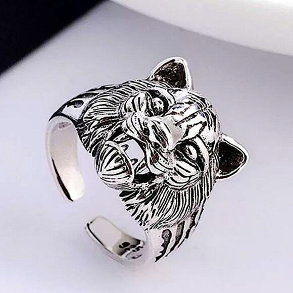 STERLING SILVER LUON TIGER HEAD PUNK VIKING RING - Picture 3 of 6